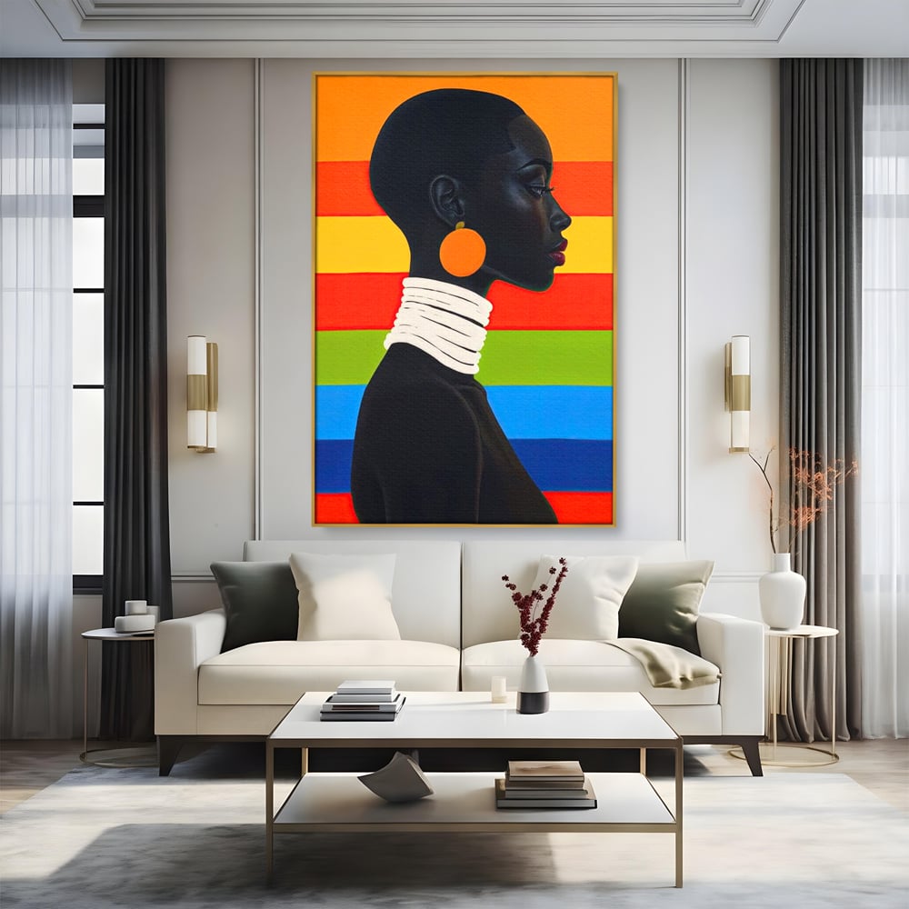 Leinwandbilder Premium, LuxCanva® G1132, Regenbogen Frau, Afro, Modernismus, Eleganz, Schmuck, Regenbogen, stilvoll, Profil, Halskette, Ohrringe, farbig, schön, Büro, Wohnen