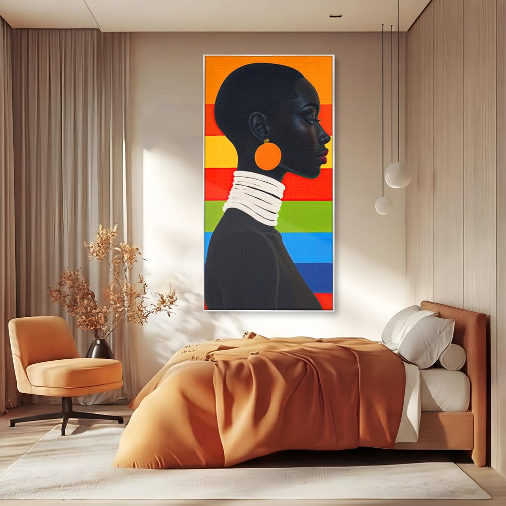 Leinwandbilder Premium, LuxCanva® G1132, Regenbogen Frau, Afro, Modernismus, Eleganz, Schmuck, Regenbogen, stilvoll, Profil, Halskette, Ohrringe, farbig, schön, Büro, Wohnen