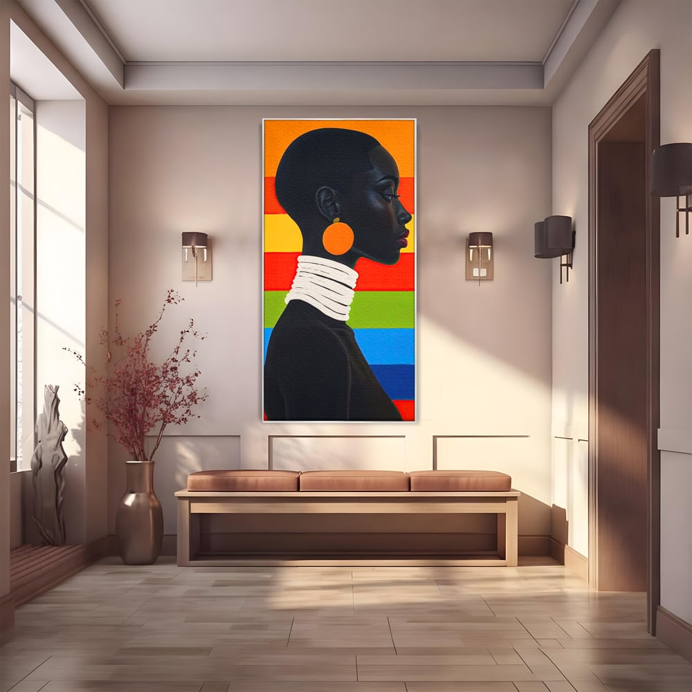 Leinwandbilder Premium, LuxCanva® G1132, Regenbogen Frau, Afro, Modernismus, Eleganz, Schmuck, Regenbogen, stilvoll, Profil, Halskette, Ohrringe, farbig, schön, Büro, Wohnen