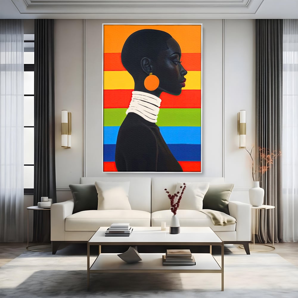Leinwandbilder Premium, LuxCanva® G1132, Regenbogen Frau, Afro, Modernismus, Eleganz, Schmuck, Regenbogen, stilvoll, Profil, Halskette, Ohrringe, farbig, schön, Büro, Wohnen