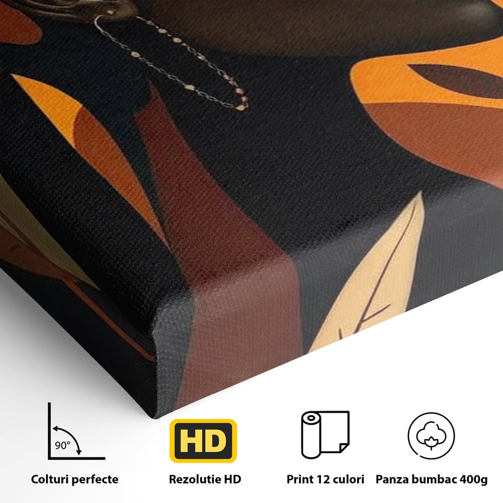 Tablou Canvas Premium, LuxCanva® G1133, Respiratia Frunzelor, Lumina, Pamant, Aur, Umbra, Frunze, Natura, Femeie, Eleganta, Feminitate, Cercei, Profil, Afro, Birou, Living