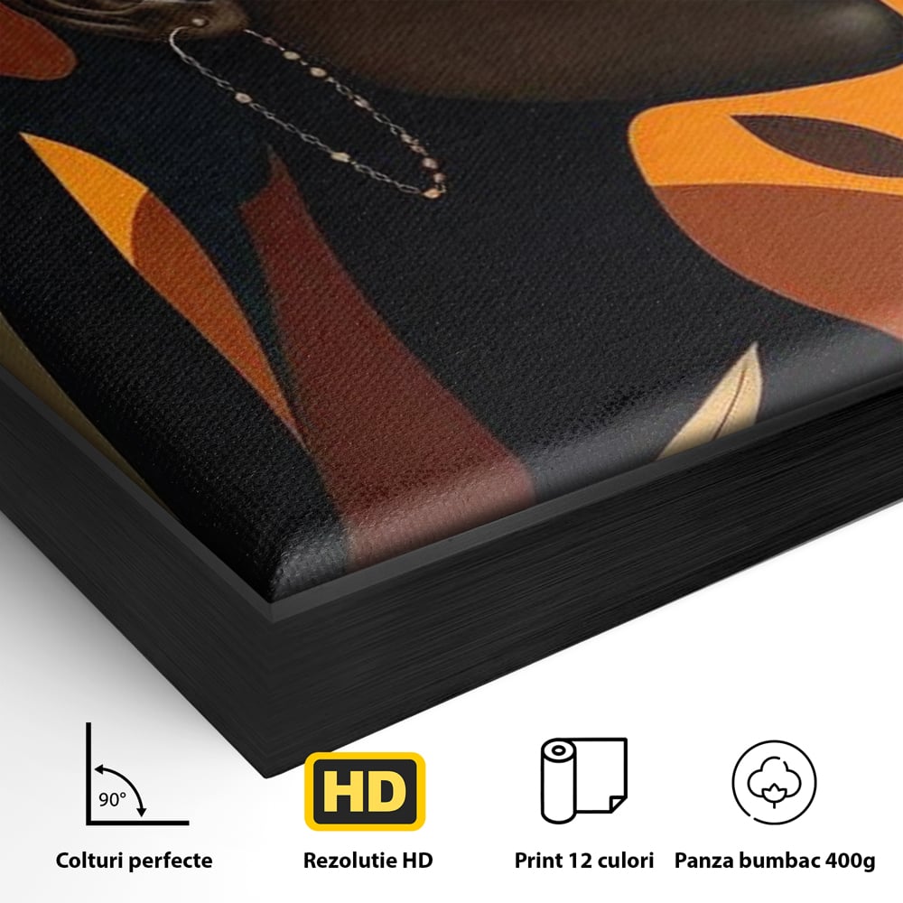 Tablou Canvas Premium, LuxCanva® G1133, Respiratia Frunzelor, Lumina, Pamant, Aur, Umbra, Frunze, Natura, Femeie, Eleganta, Feminitate, Cercei, Profil, Afro, Birou, Living
