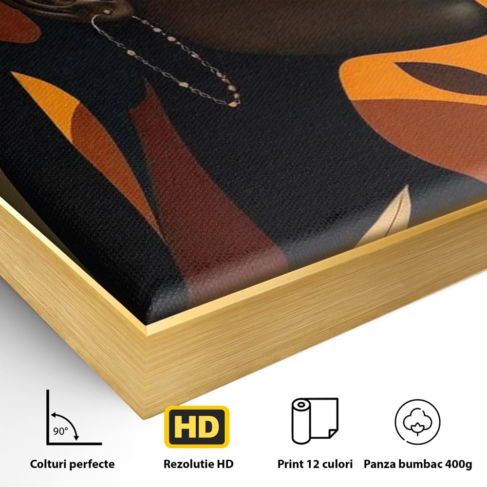 Tablou Canvas Premium, LuxCanva® G1133, Respiratia Frunzelor, Lumina, Pamant, Aur, Umbra, Frunze, Natura, Femeie, Eleganta, Feminitate, Cercei, Profil, Afro, Birou, Living