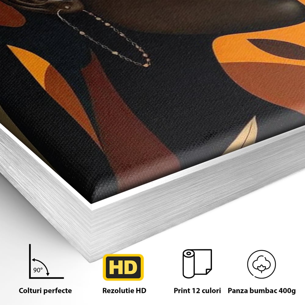 Tablou Canvas Premium, LuxCanva® G1133, Respiratia Frunzelor, Lumina, Pamant, Aur, Umbra, Frunze, Natura, Femeie, Eleganta, Feminitate, Cercei, Profil, Afro, Birou, Living