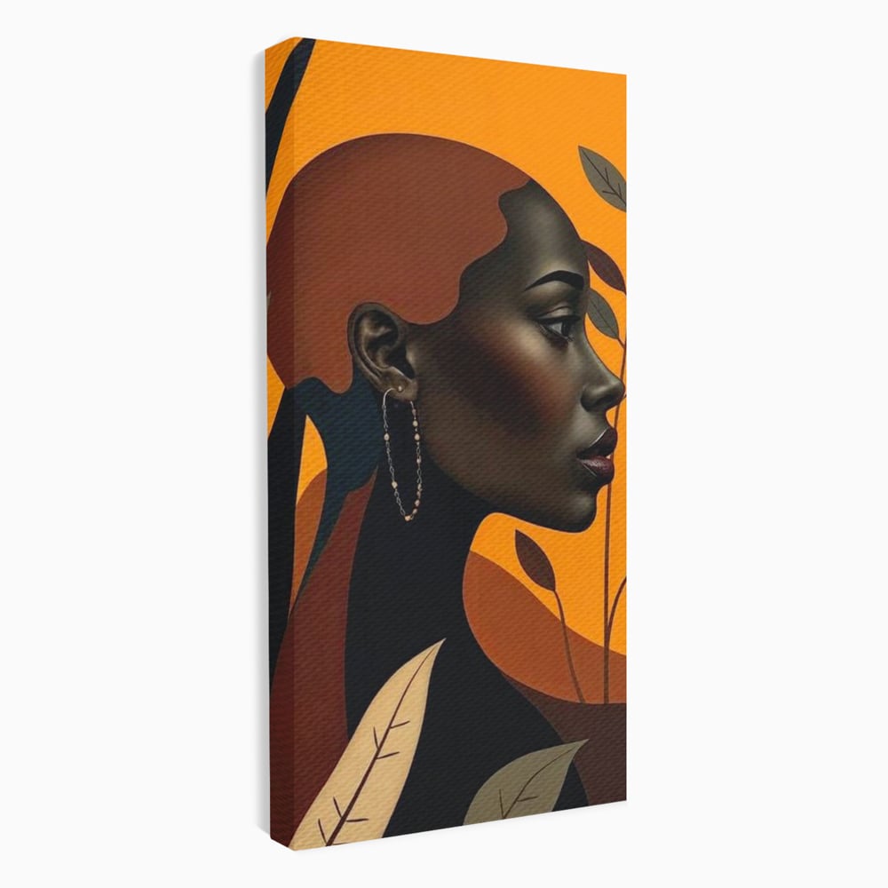 Tablou Canvas Premium, LuxCanva® G1133, Respiratia Frunzelor, Lumina, Pamant, Aur, Umbra, Frunze, Natura, Femeie, Eleganta, Feminitate, Cercei, Profil, Afro, Birou, Living
