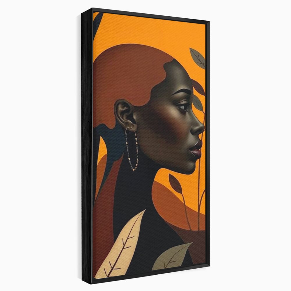 Tablou Canvas Premium, LuxCanva® G1133, Respiratia Frunzelor, Lumina, Pamant, Aur, Umbra, Frunze, Natura, Femeie, Eleganta, Feminitate, Cercei, Profil, Afro, Birou, Living