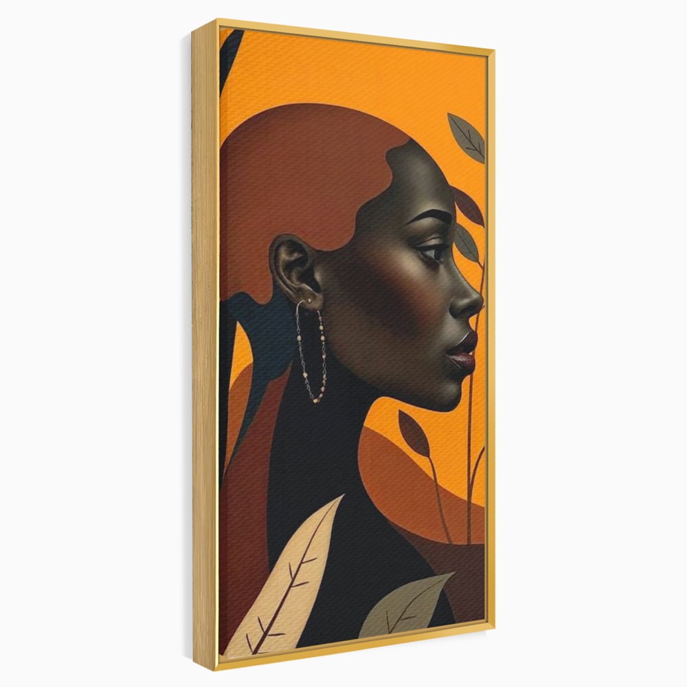 Tablou Canvas Premium, LuxCanva® G1133, Respiratia Frunzelor, Lumina, Pamant, Aur, Umbra, Frunze, Natura, Femeie, Eleganta, Feminitate, Cercei, Profil, Afro, Birou, Living