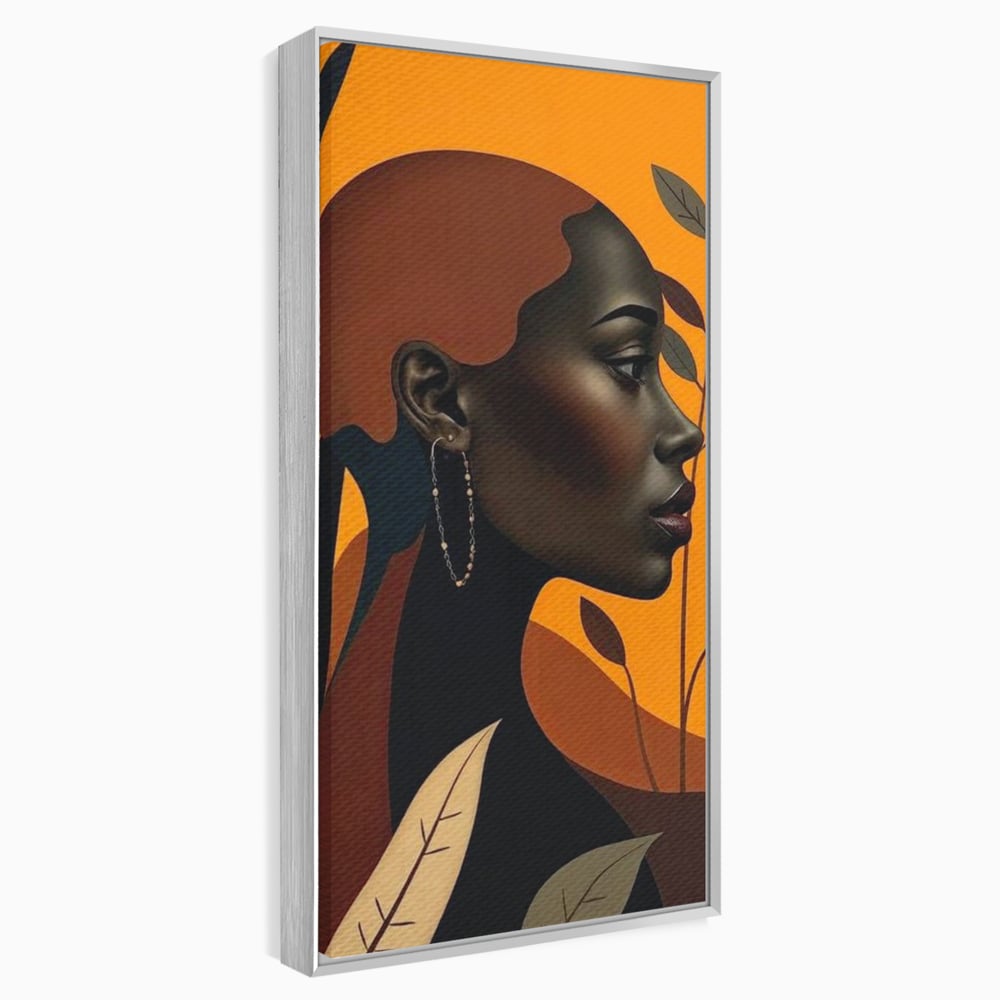 Tablou Canvas Premium, LuxCanva® G1133, Respiratia Frunzelor, Lumina, Pamant, Aur, Umbra, Frunze, Natura, Femeie, Eleganta, Feminitate, Cercei, Profil, Afro, Birou, Living