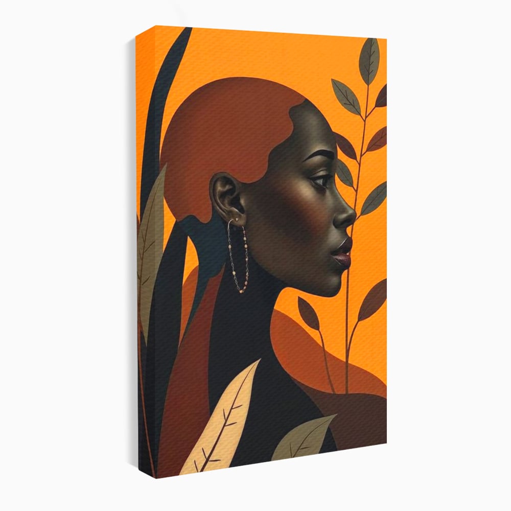 Tablou Canvas Premium, LuxCanva® G1133, Respiratia Frunzelor, Lumina, Pamant, Aur, Umbra, Frunze, Natura, Femeie, Eleganta, Feminitate, Cercei, Profil, Afro, Birou, Living