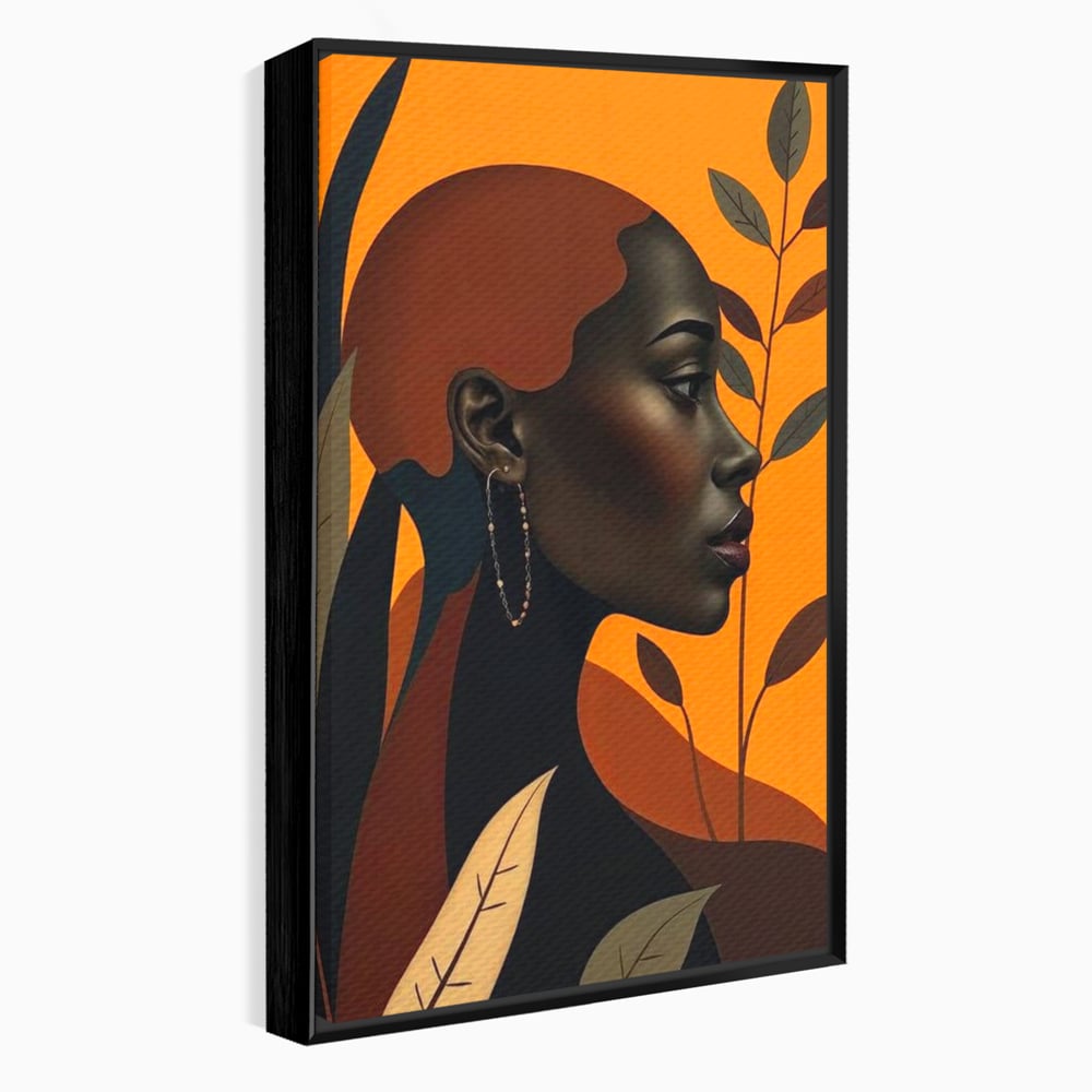Tablou Canvas Premium, LuxCanva® G1133, Respiratia Frunzelor, Lumina, Pamant, Aur, Umbra, Frunze, Natura, Femeie, Eleganta, Feminitate, Cercei, Profil, Afro, Birou, Living