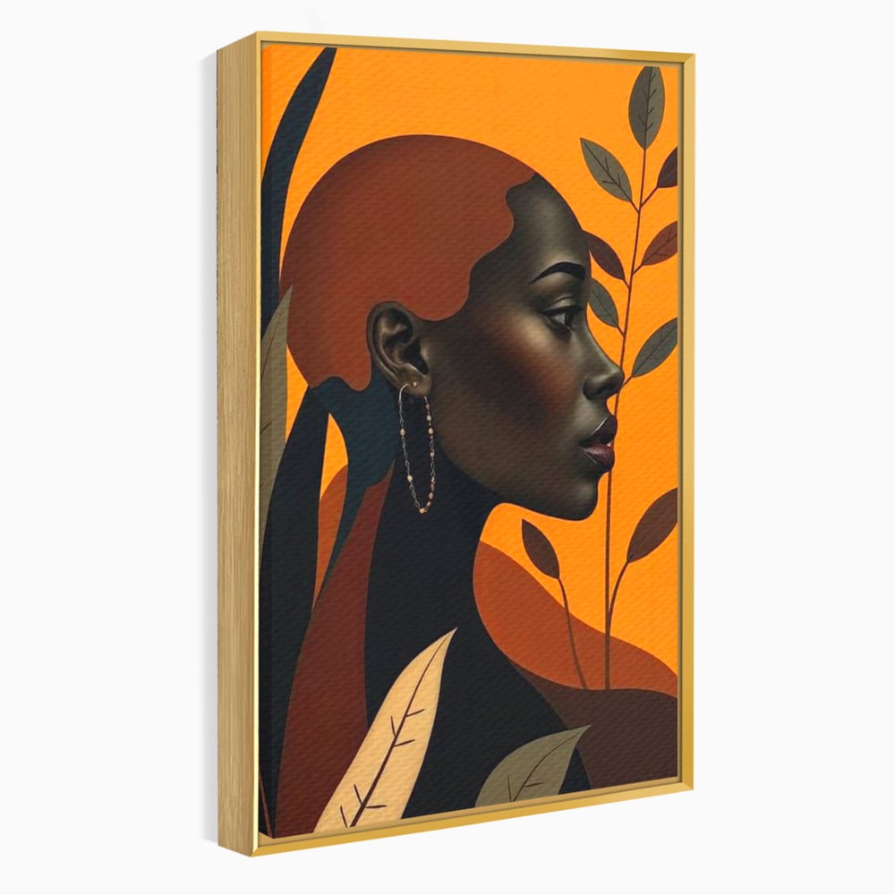 Tablou Canvas Premium, LuxCanva® G1133, Respiratia Frunzelor, Lumina, Pamant, Aur, Umbra, Frunze, Natura, Femeie, Eleganta, Feminitate, Cercei, Profil, Afro, Birou, Living