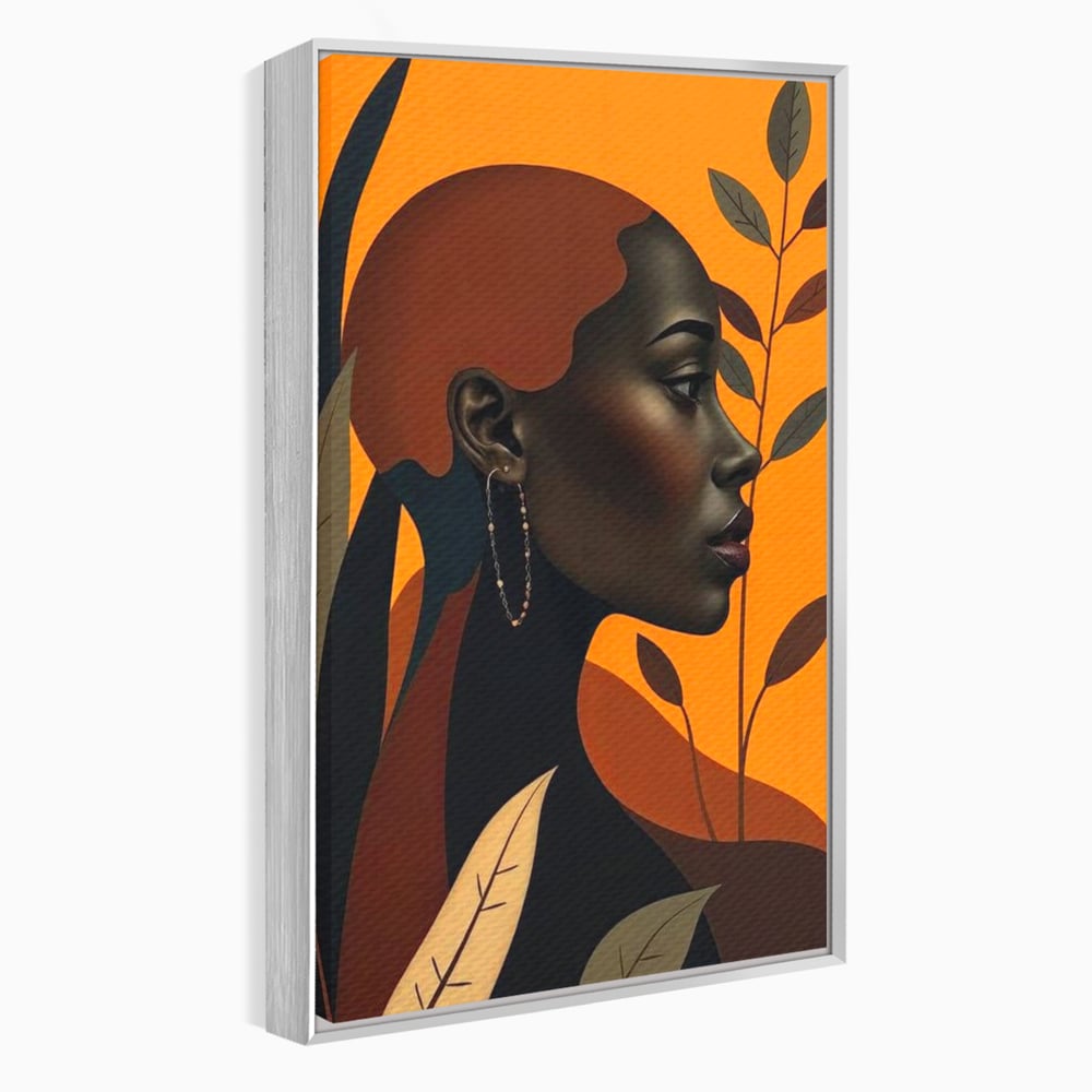Tablou Canvas Premium, LuxCanva® G1133, Respiratia Frunzelor, Lumina, Pamant, Aur, Umbra, Frunze, Natura, Femeie, Eleganta, Feminitate, Cercei, Profil, Afro, Birou, Living