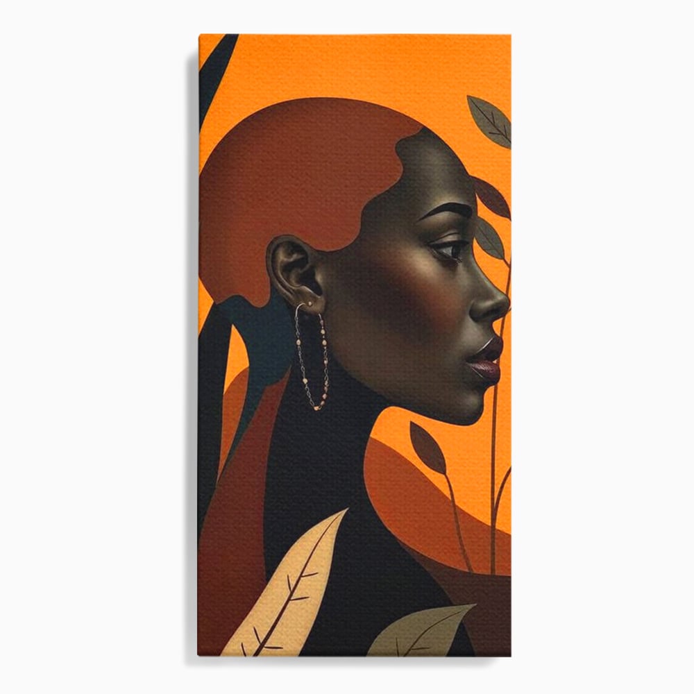 Tablou Canvas Premium, LuxCanva® G1133, Respiratia Frunzelor, Lumina, Pamant, Aur, Umbra, Frunze, Natura, Femeie, Eleganta, Feminitate, Cercei, Profil, Afro, Birou, Living
