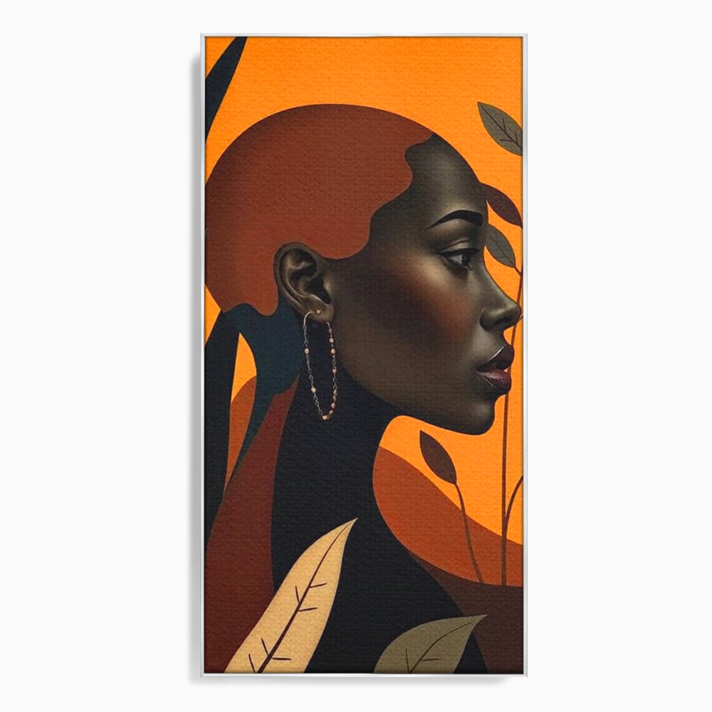Tablou Canvas Premium, LuxCanva® G1133, Respiratia Frunzelor, Lumina, Pamant, Aur, Umbra, Frunze, Natura, Femeie, Eleganta, Feminitate, Cercei, Profil, Afro, Birou, Living