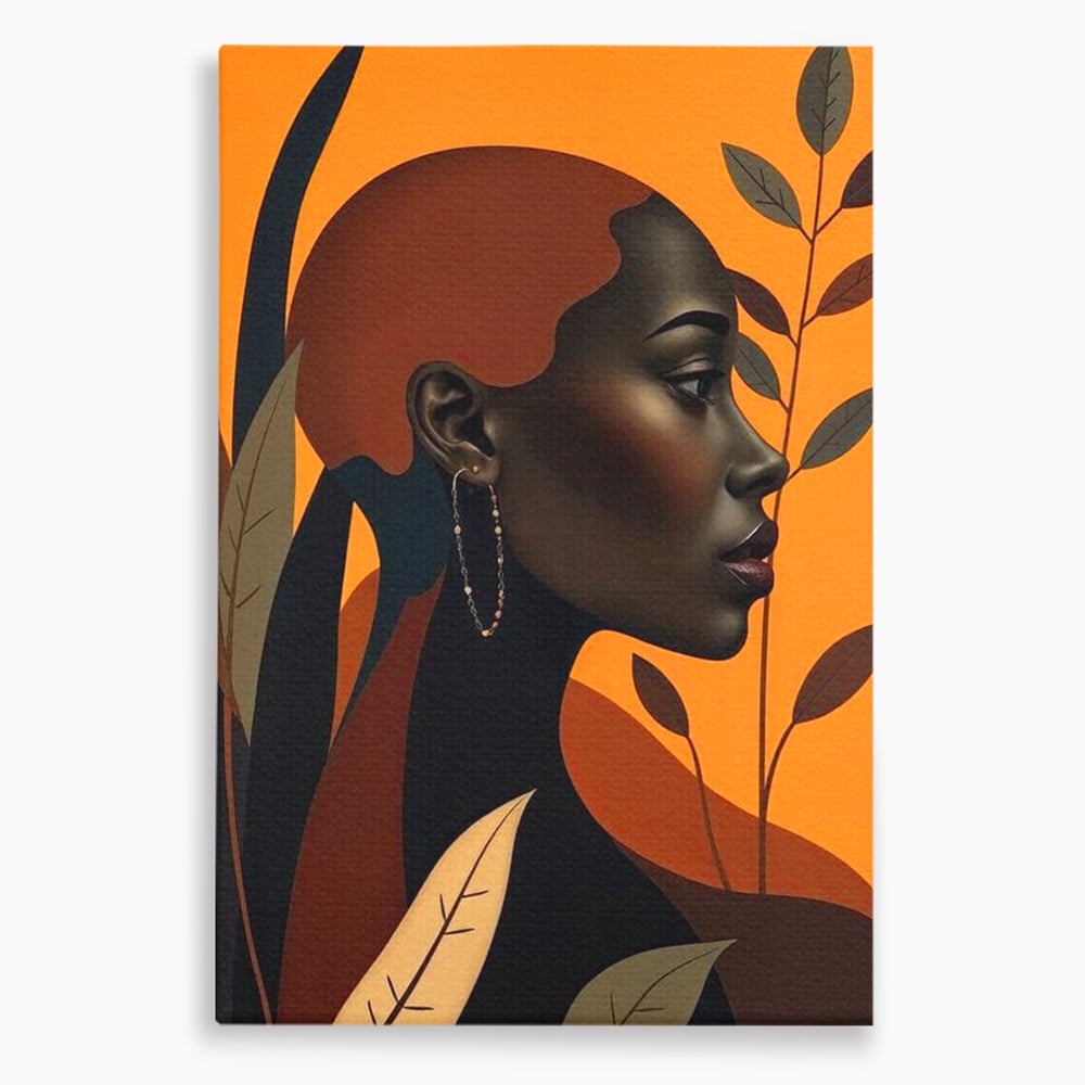 Tablou Canvas Premium, LuxCanva® G1133, Respiratia Frunzelor, Lumina, Pamant, Aur, Umbra, Frunze, Natura, Femeie, Eleganta, Feminitate, Cercei, Profil, Afro, Birou, Living