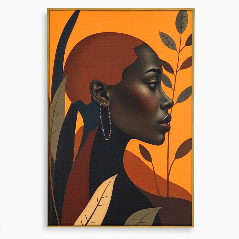 Tablou Canvas Premium, LuxCanva® G1133, Respiratia Frunzelor, Lumina, Pamant, Aur, Umbra, Frunze, Natura, Femeie, Eleganta, Feminitate, Cercei, Profil, Afro, Birou, Living