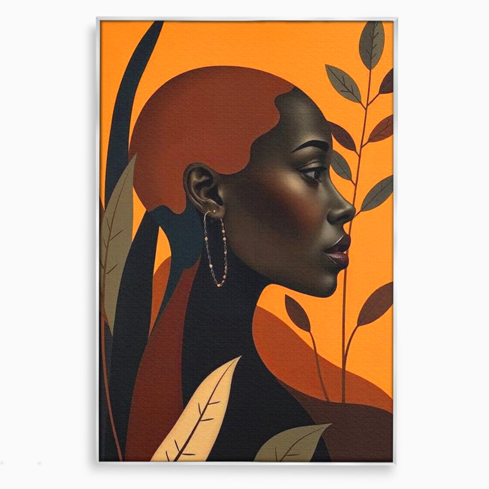 Tablou Canvas Premium, LuxCanva® G1133, Respiratia Frunzelor, Lumina, Pamant, Aur, Umbra, Frunze, Natura, Femeie, Eleganta, Feminitate, Cercei, Profil, Afro, Birou, Living