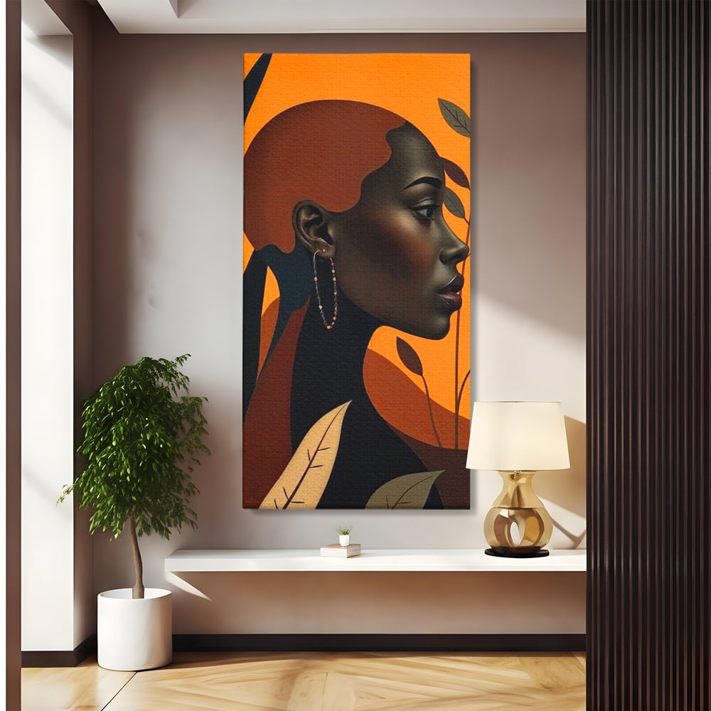 Tablou Canvas Premium, LuxCanva® G1133, Respiratia Frunzelor, Lumina, Pamant, Aur, Umbra, Frunze, Natura, Femeie, Eleganta, Feminitate, Cercei, Profil, Afro, Birou, Living