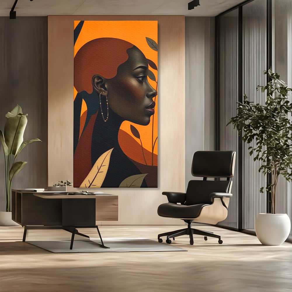 Tablou Canvas Premium, LuxCanva® G1133, Respiratia Frunzelor, Lumina, Pamant, Aur, Umbra, Frunze, Natura, Femeie, Eleganta, Feminitate, Cercei, Profil, Afro, Birou, Living