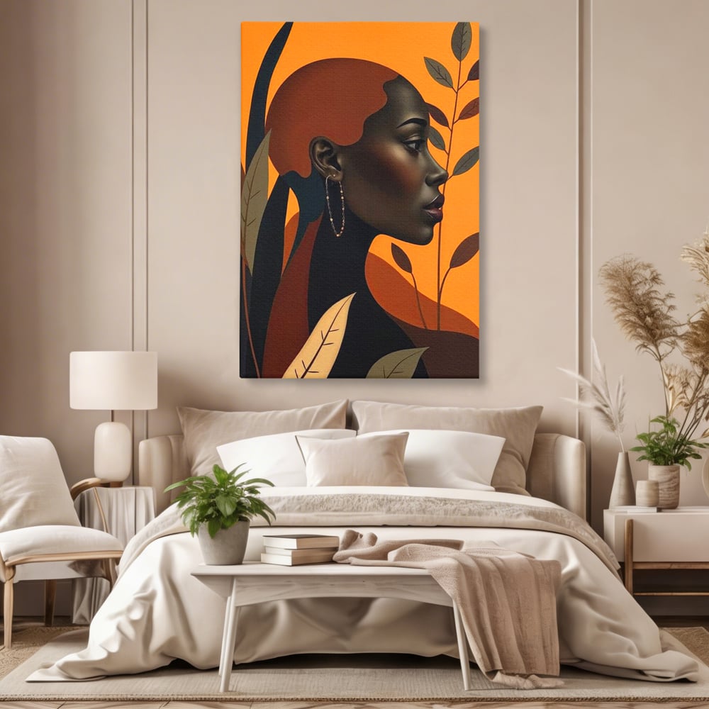 Tablou Canvas Premium, LuxCanva® G1133, Respiratia Frunzelor, Lumina, Pamant, Aur, Umbra, Frunze, Natura, Femeie, Eleganta, Feminitate, Cercei, Profil, Afro, Birou, Living