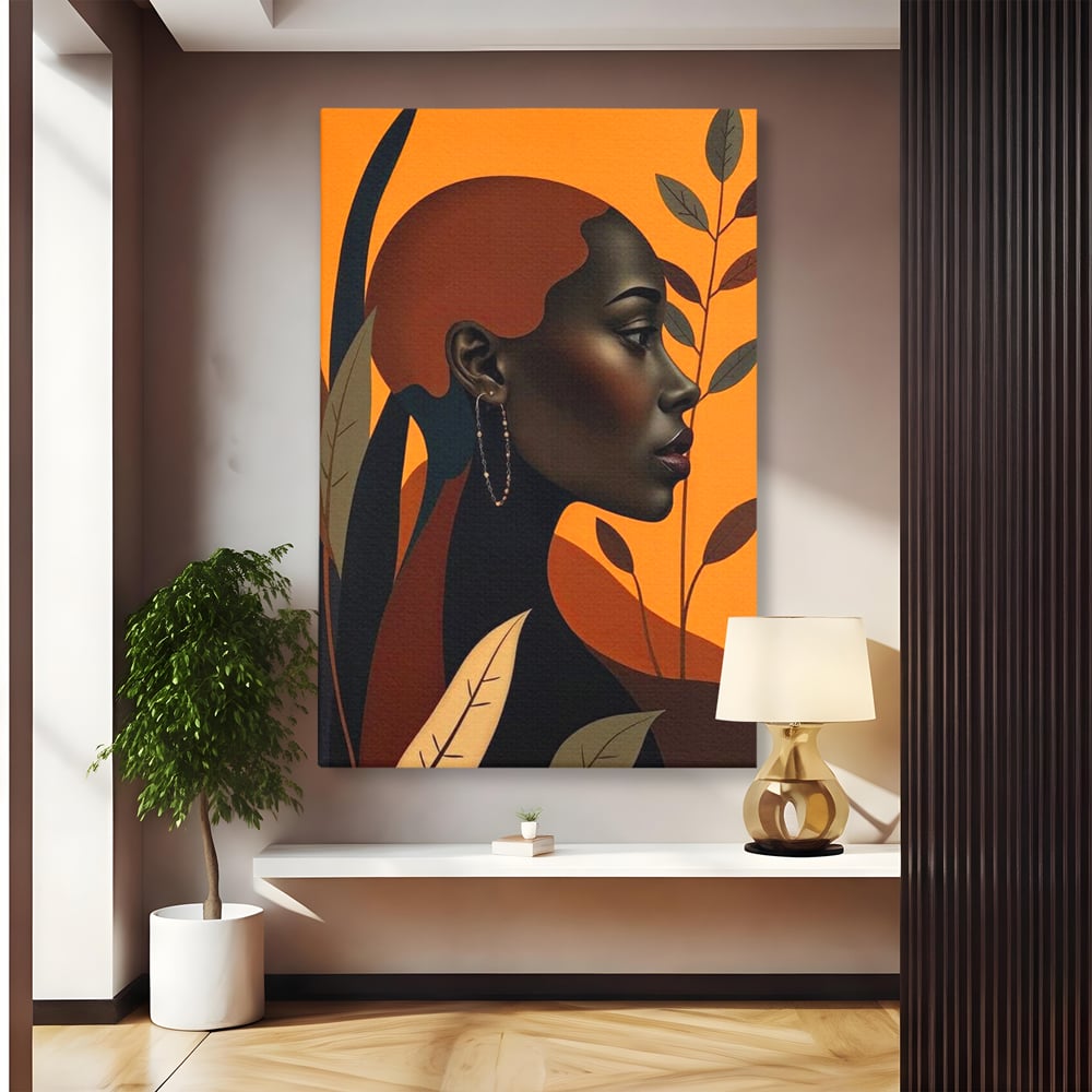Tablou Canvas Premium, LuxCanva® G1133, Respiratia Frunzelor, Lumina, Pamant, Aur, Umbra, Frunze, Natura, Femeie, Eleganta, Feminitate, Cercei, Profil, Afro, Birou, Living