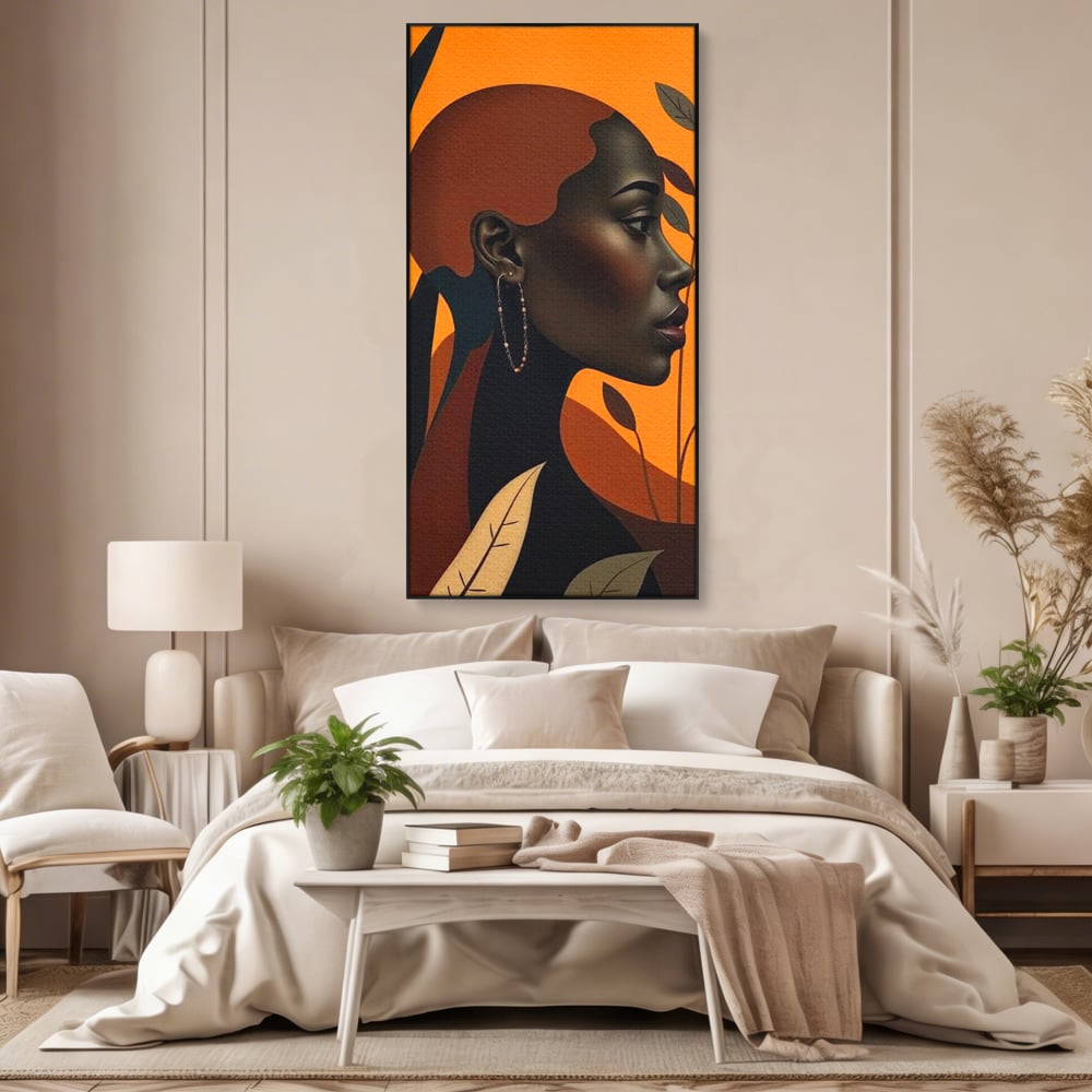 Tablou Canvas Premium, LuxCanva® G1133, Respiratia Frunzelor, Lumina, Pamant, Aur, Umbra, Frunze, Natura, Femeie, Eleganta, Feminitate, Cercei, Profil, Afro, Birou, Living