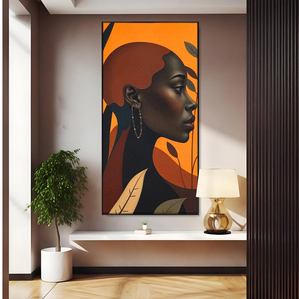 Tablou Canvas Premium, LuxCanva® G1133, Respiratia Frunzelor, Lumina, Pamant, Aur, Umbra, Frunze, Natura, Femeie, Eleganta, Feminitate, Cercei, Profil, Afro, Birou, Living