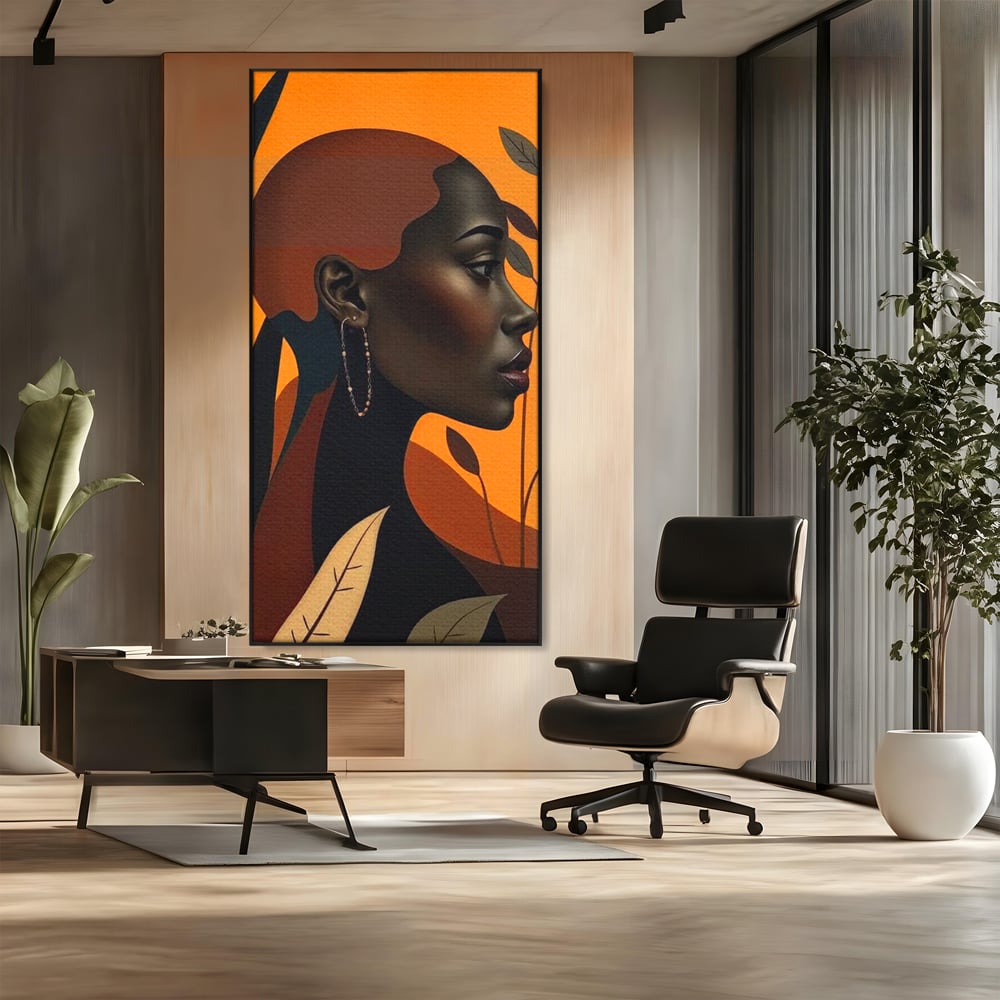 Tablou Canvas Premium, LuxCanva® G1133, Respiratia Frunzelor, Lumina, Pamant, Aur, Umbra, Frunze, Natura, Femeie, Eleganta, Feminitate, Cercei, Profil, Afro, Birou, Living