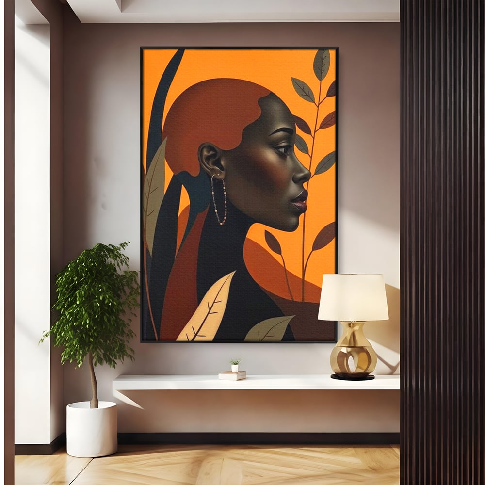 Tablou Canvas Premium, LuxCanva® G1133, Respiratia Frunzelor, Lumina, Pamant, Aur, Umbra, Frunze, Natura, Femeie, Eleganta, Feminitate, Cercei, Profil, Afro, Birou, Living