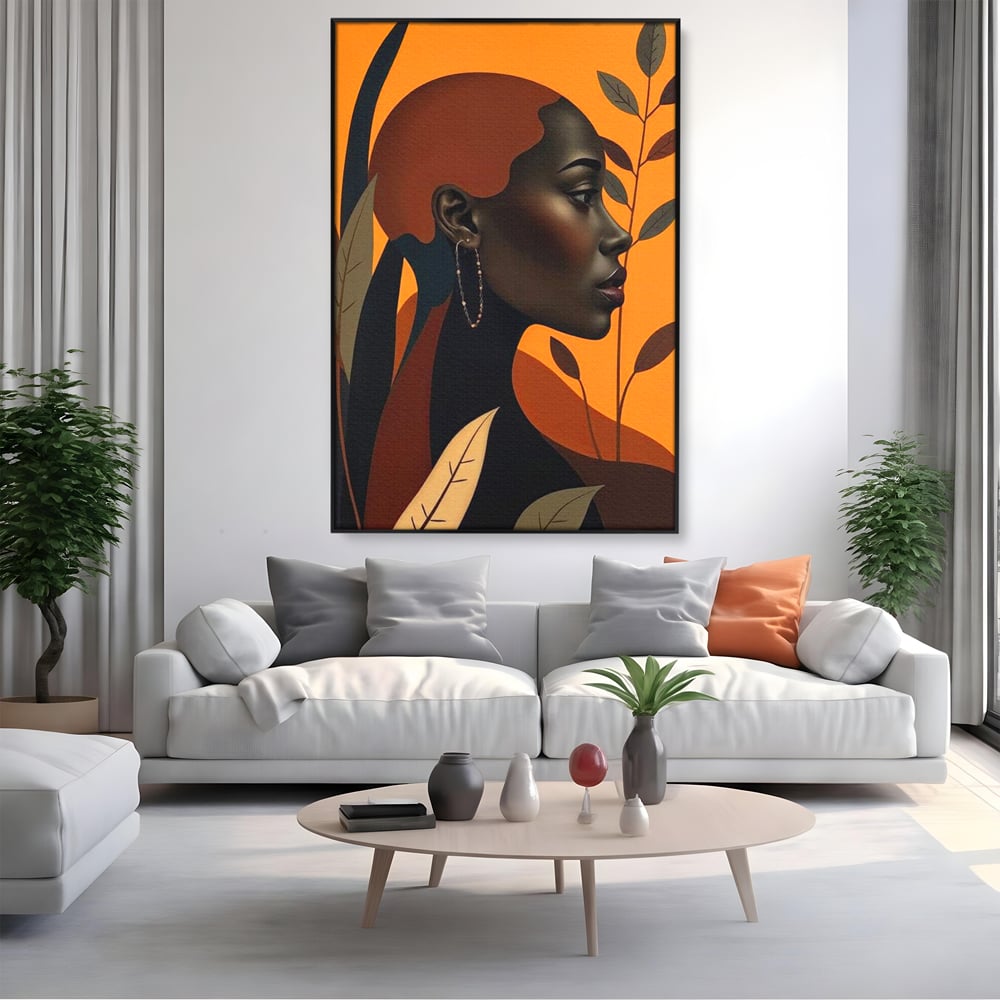 Tablou Canvas Premium, LuxCanva® G1133, Respiratia Frunzelor, Lumina, Pamant, Aur, Umbra, Frunze, Natura, Femeie, Eleganta, Feminitate, Cercei, Profil, Afro, Birou, Living