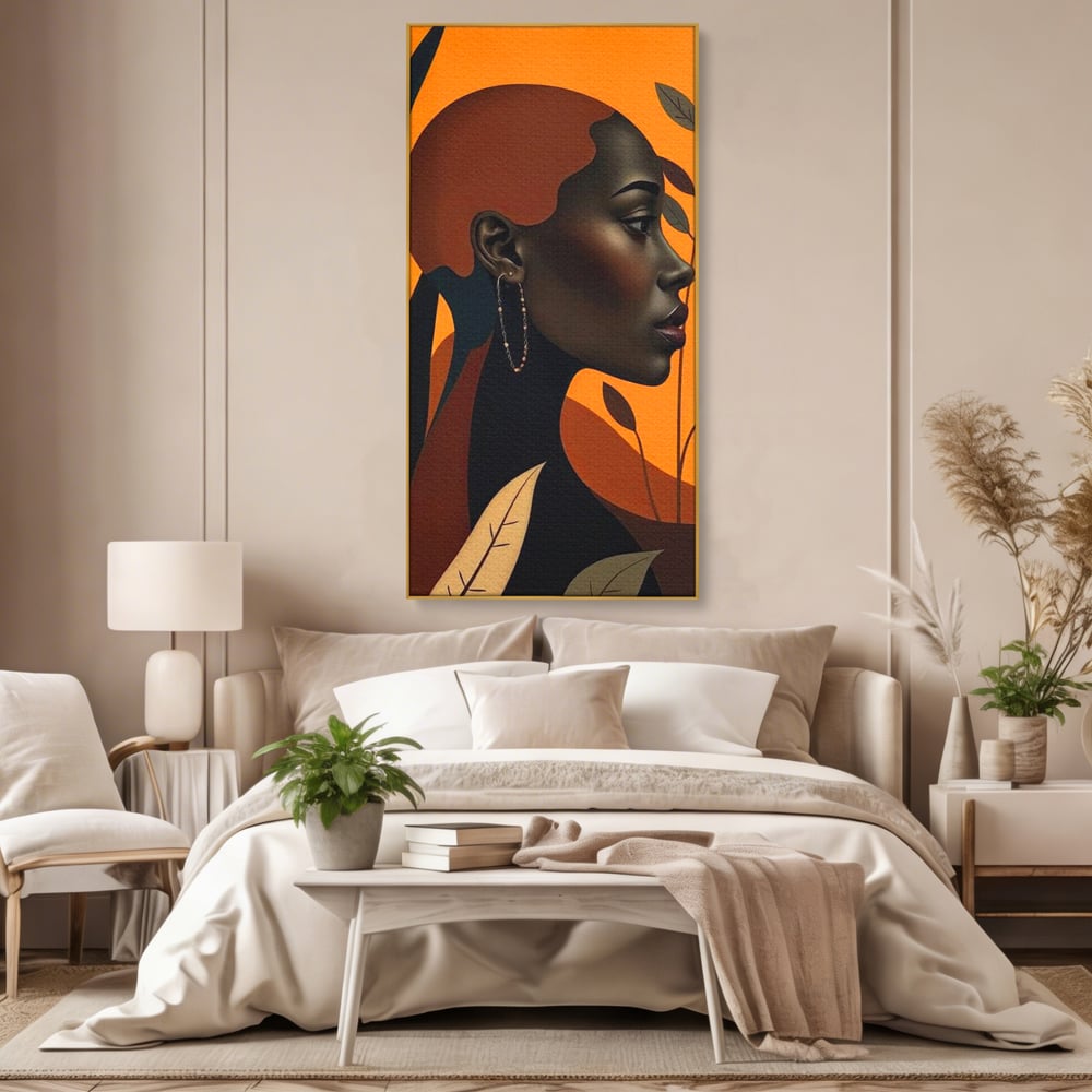 Tablou Canvas Premium, LuxCanva® G1133, Respiratia Frunzelor, Lumina, Pamant, Aur, Umbra, Frunze, Natura, Femeie, Eleganta, Feminitate, Cercei, Profil, Afro, Birou, Living