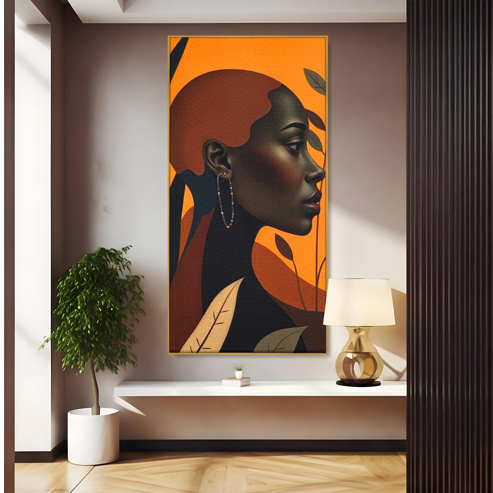 Tablou Canvas Premium, LuxCanva® G1133, Respiratia Frunzelor, Lumina, Pamant, Aur, Umbra, Frunze, Natura, Femeie, Eleganta, Feminitate, Cercei, Profil, Afro, Birou, Living