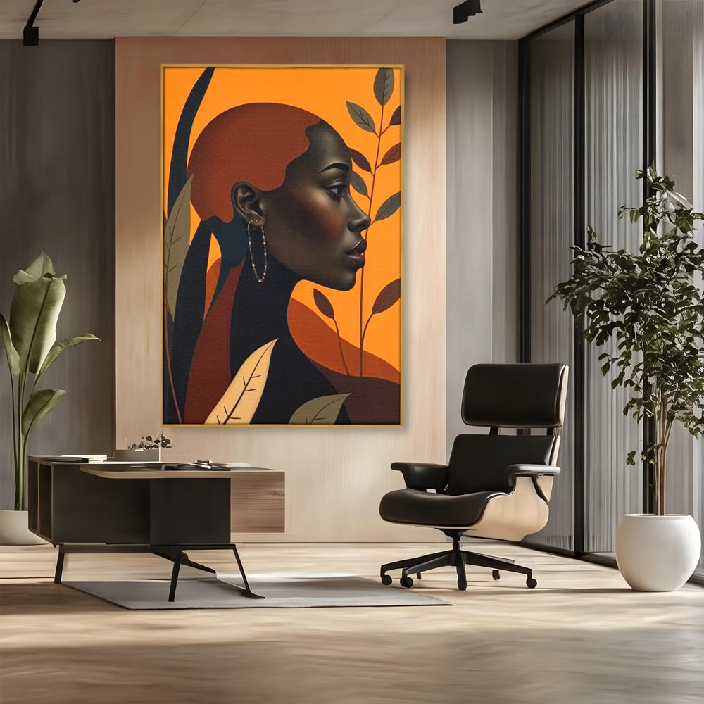 Tablou Canvas Premium, LuxCanva® G1133, Respiratia Frunzelor, Lumina, Pamant, Aur, Umbra, Frunze, Natura, Femeie, Eleganta, Feminitate, Cercei, Profil, Afro, Birou, Living