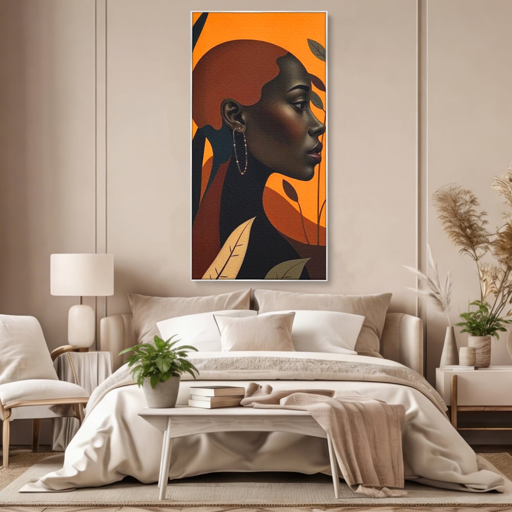 Tablou Canvas Premium, LuxCanva® G1133, Respiratia Frunzelor, Lumina, Pamant, Aur, Umbra, Frunze, Natura, Femeie, Eleganta, Feminitate, Cercei, Profil, Afro, Birou, Living
