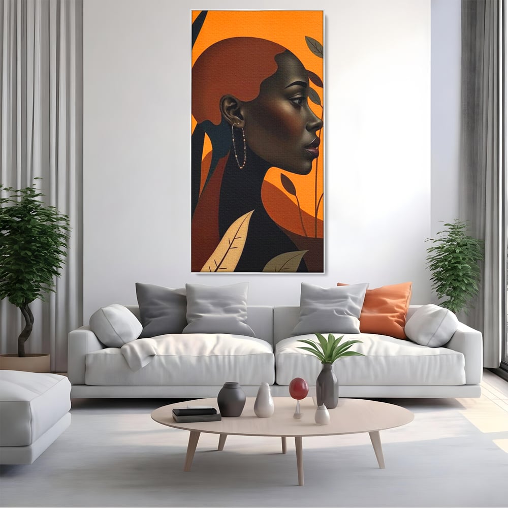Tablou Canvas Premium, LuxCanva® G1133, Respiratia Frunzelor, Lumina, Pamant, Aur, Umbra, Frunze, Natura, Femeie, Eleganta, Feminitate, Cercei, Profil, Afro, Birou, Living