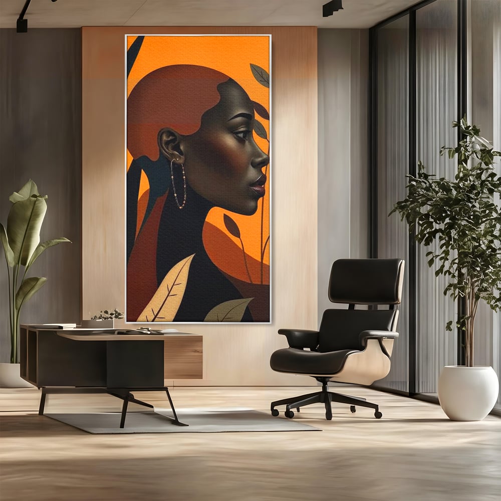 Tablou Canvas Premium, LuxCanva® G1133, Respiratia Frunzelor, Lumina, Pamant, Aur, Umbra, Frunze, Natura, Femeie, Eleganta, Feminitate, Cercei, Profil, Afro, Birou, Living