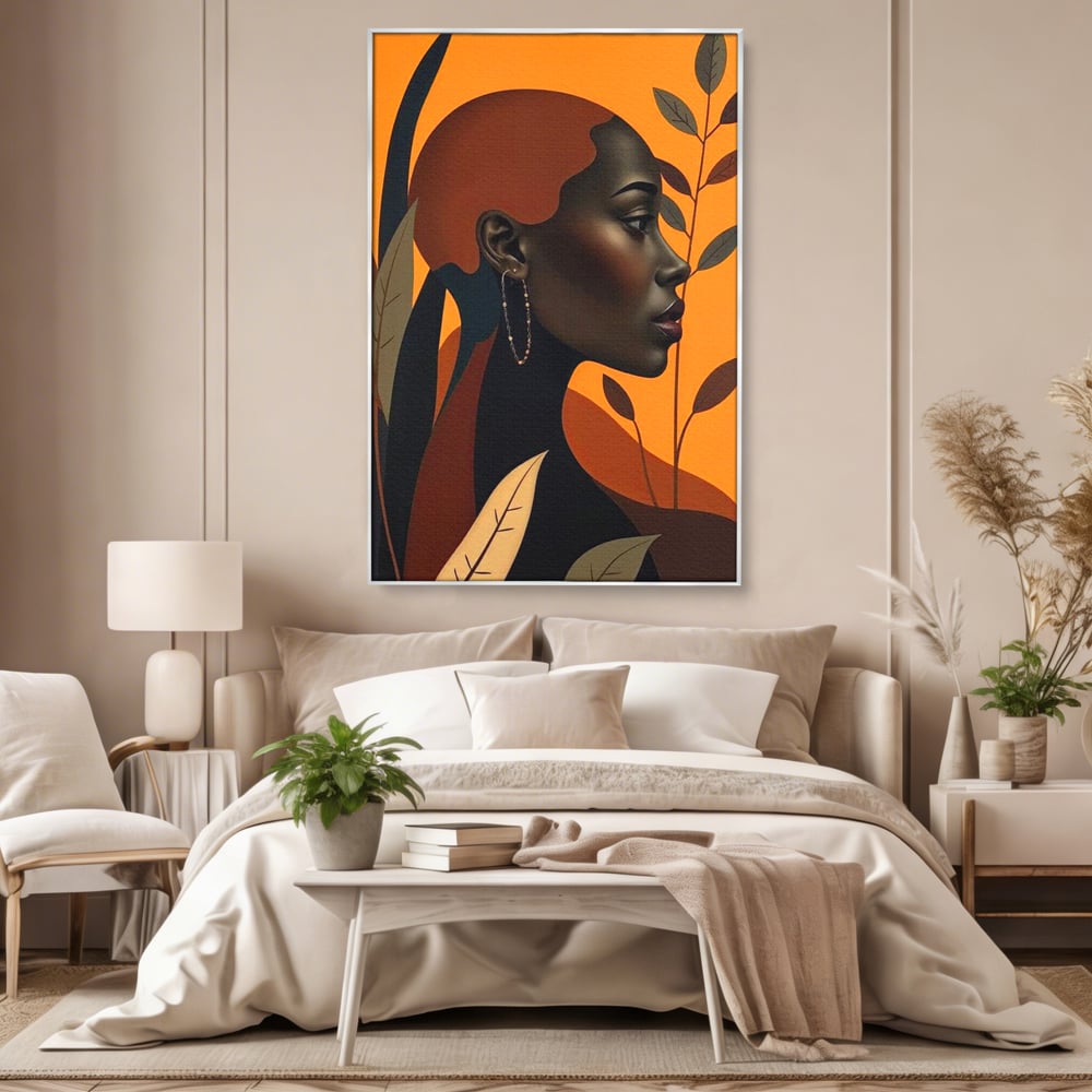Tablou Canvas Premium, LuxCanva® G1133, Respiratia Frunzelor, Lumina, Pamant, Aur, Umbra, Frunze, Natura, Femeie, Eleganta, Feminitate, Cercei, Profil, Afro, Birou, Living