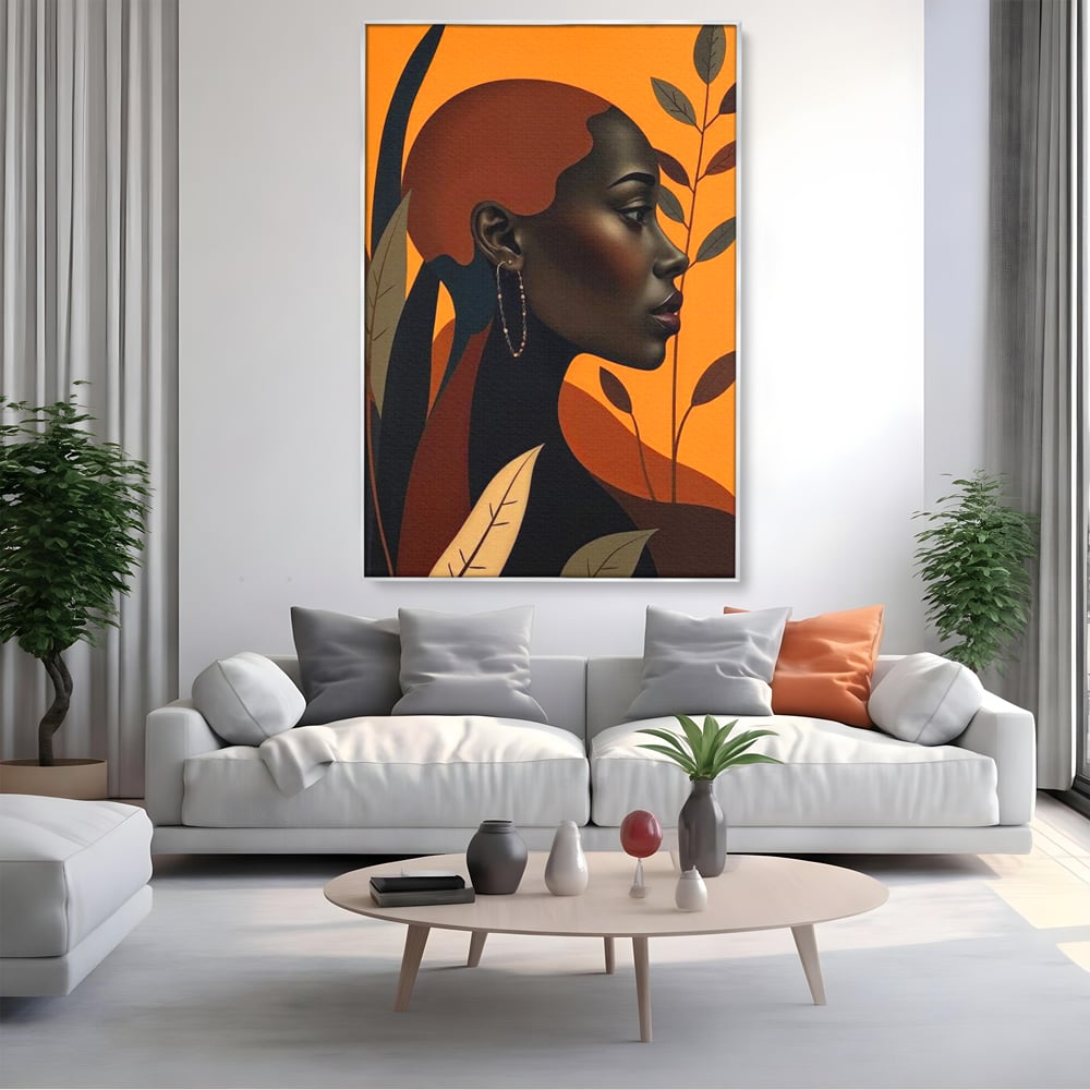Tablou Canvas Premium, LuxCanva® G1133, Respiratia Frunzelor, Lumina, Pamant, Aur, Umbra, Frunze, Natura, Femeie, Eleganta, Feminitate, Cercei, Profil, Afro, Birou, Living