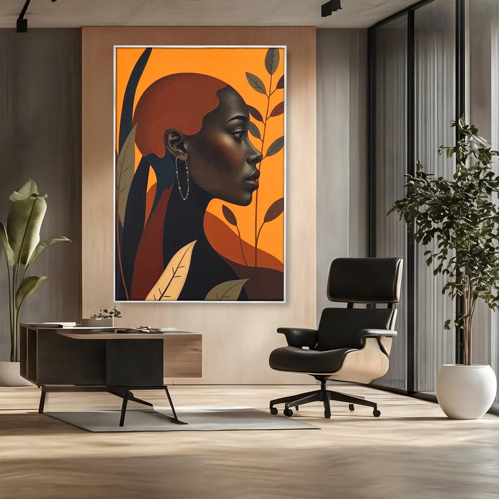 Tablou Canvas Premium, LuxCanva® G1133, Respiratia Frunzelor, Lumina, Pamant, Aur, Umbra, Frunze, Natura, Femeie, Eleganta, Feminitate, Cercei, Profil, Afro, Birou, Living