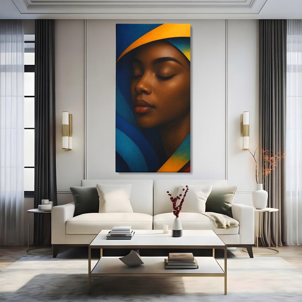 Leinwand Wandkunst Canvas Premium, LuxCanva® G1134, Unter den Augenlidern des Mondes, Tiefe, Schlaf, Stille, Frieden, Frieden, Meditation, Gelassenheit, bildlich, Traum, Blau, Orange, Geheimnis, Büro, Wohnen