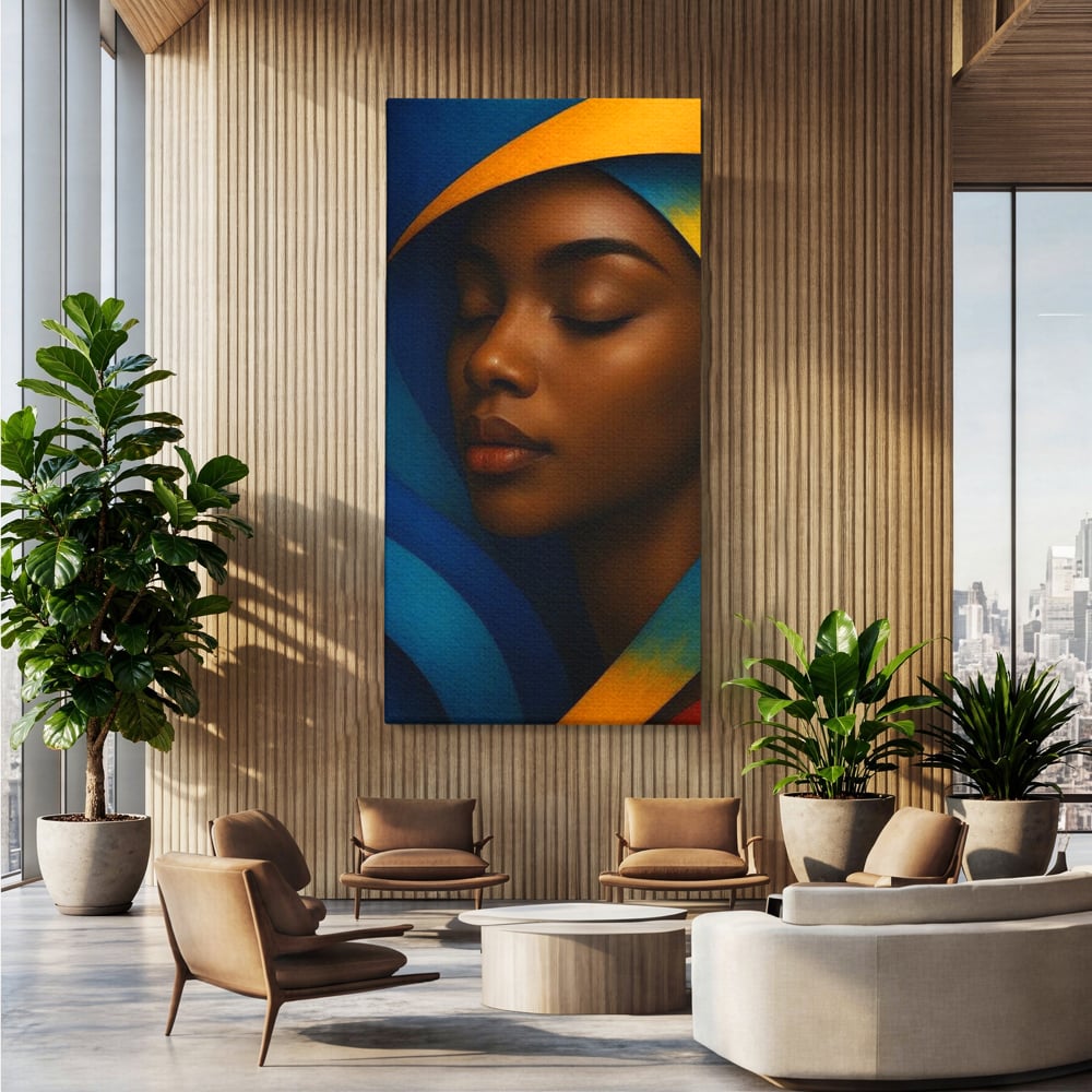 Leinwand Wandkunst Canvas Premium, LuxCanva® G1134, Unter den Augenlidern des Mondes, Tiefe, Schlaf, Stille, Frieden, Frieden, Meditation, Gelassenheit, bildlich, Traum, Blau, Orange, Geheimnis, Büro, Wohnen