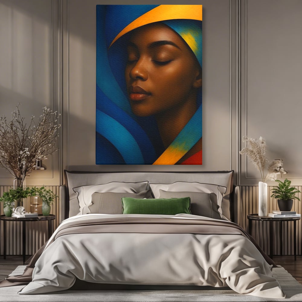 Leinwand Wandkunst Canvas Premium, LuxCanva® G1134, Unter den Augenlidern des Mondes, Tiefe, Schlaf, Stille, Frieden, Frieden, Meditation, Gelassenheit, bildlich, Traum, Blau, Orange, Geheimnis, Büro, Wohnen