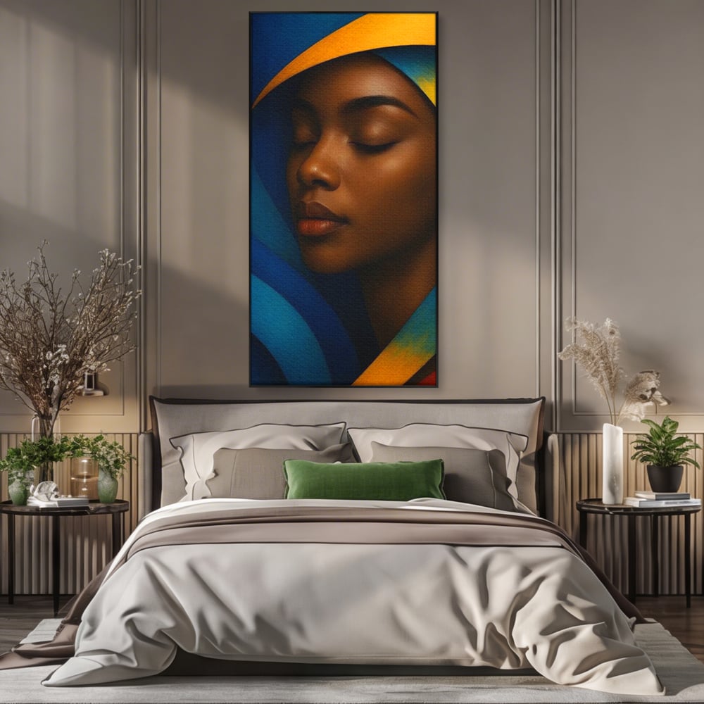 Leinwand Wandkunst Canvas Premium, LuxCanva® G1134, Unter den Augenlidern des Mondes, Tiefe, Schlaf, Stille, Frieden, Frieden, Meditation, Gelassenheit, bildlich, Traum, Blau, Orange, Geheimnis, Büro, Wohnen