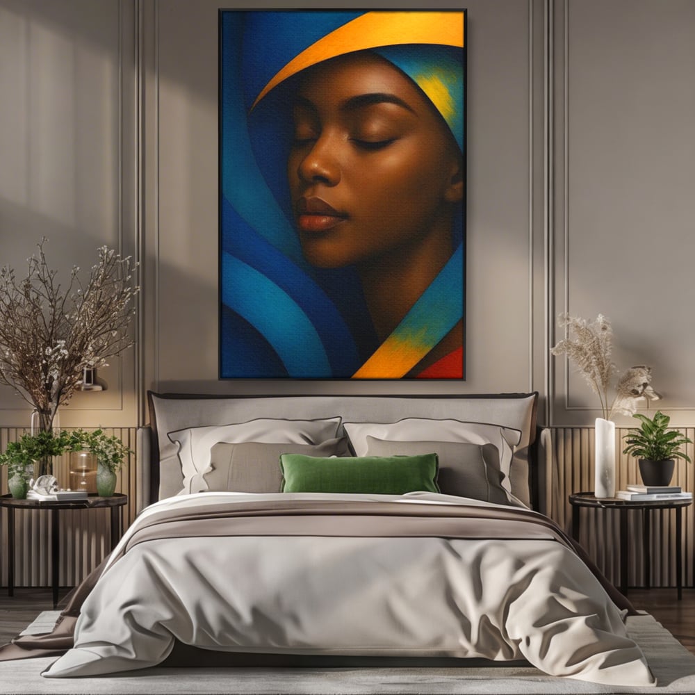 Leinwand Wandkunst Canvas Premium, LuxCanva® G1134, Unter den Augenlidern des Mondes, Tiefe, Schlaf, Stille, Frieden, Frieden, Meditation, Gelassenheit, bildlich, Traum, Blau, Orange, Geheimnis, Büro, Wohnen