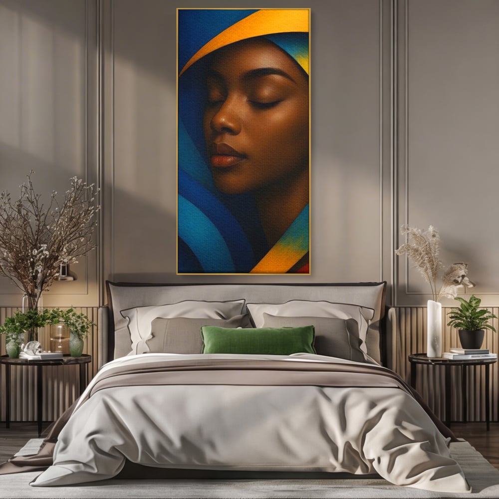 Leinwand Wandkunst Canvas Premium, LuxCanva® G1134, Unter den Augenlidern des Mondes, Tiefe, Schlaf, Stille, Frieden, Frieden, Meditation, Gelassenheit, bildlich, Traum, Blau, Orange, Geheimnis, Büro, Wohnen