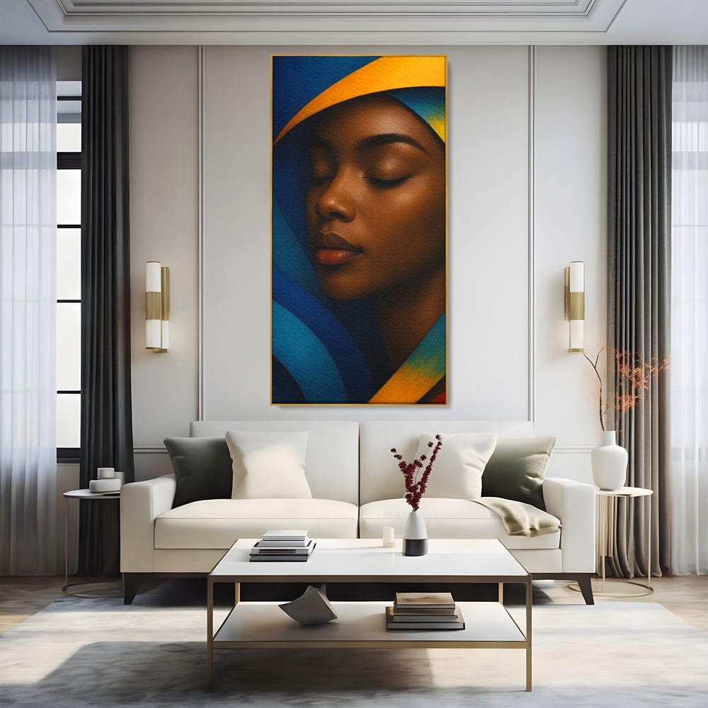 Leinwand Wandkunst Canvas Premium, LuxCanva® G1134, Unter den Augenlidern des Mondes, Tiefe, Schlaf, Stille, Frieden, Frieden, Meditation, Gelassenheit, bildlich, Traum, Blau, Orange, Geheimnis, Büro, Wohnen
