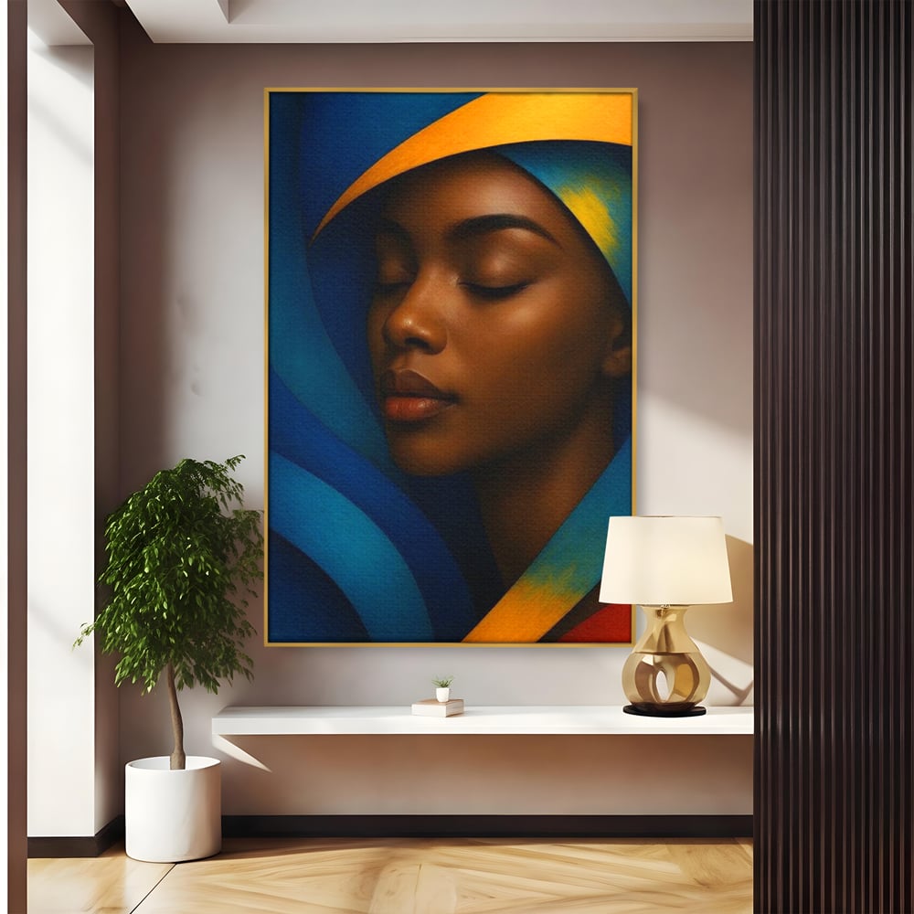Leinwand Wandkunst Canvas Premium, LuxCanva® G1134, Unter den Augenlidern des Mondes, Tiefe, Schlaf, Stille, Frieden, Frieden, Meditation, Gelassenheit, bildlich, Traum, Blau, Orange, Geheimnis, Büro, Wohnen
