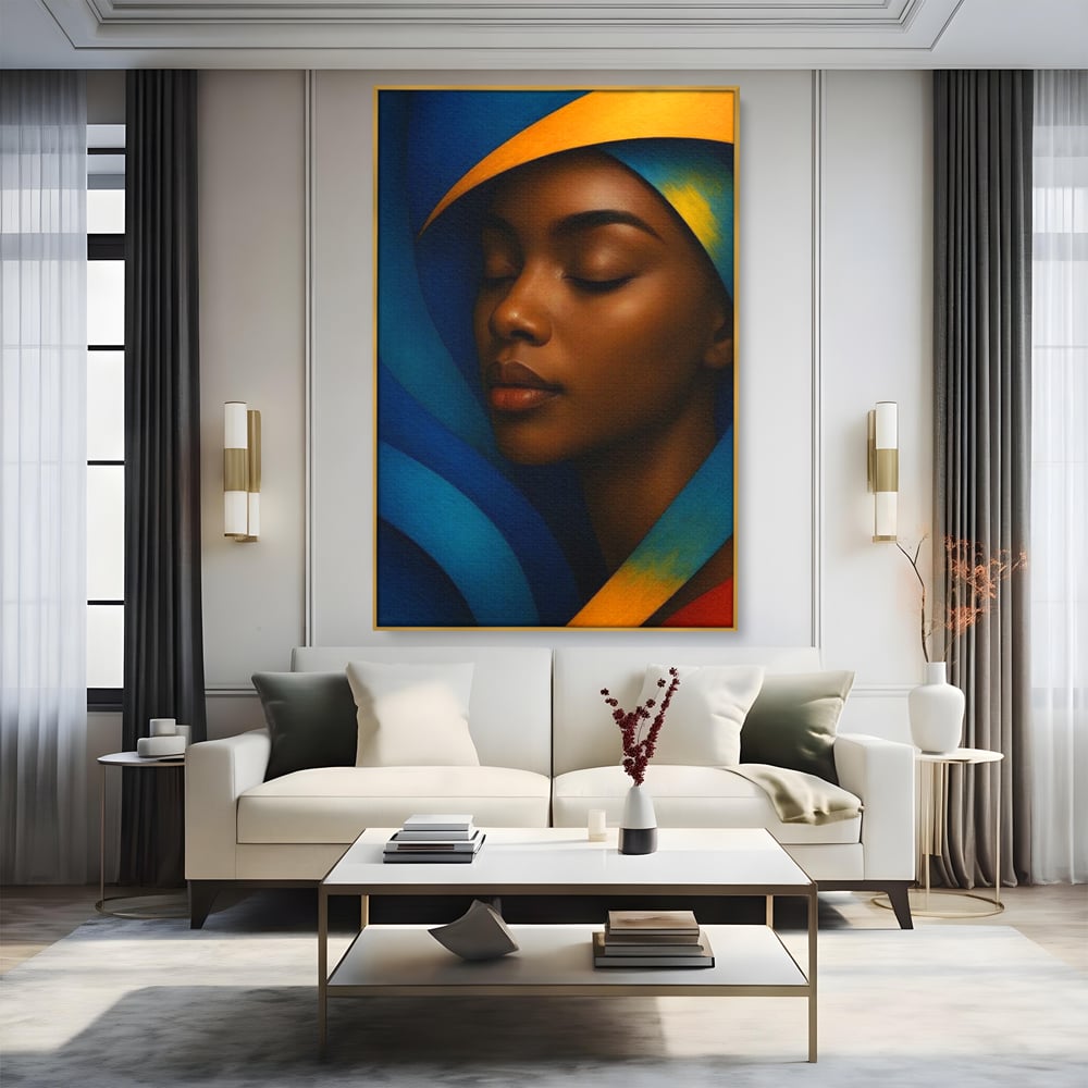 Leinwand Wandkunst Canvas Premium, LuxCanva® G1134, Unter den Augenlidern des Mondes, Tiefe, Schlaf, Stille, Frieden, Frieden, Meditation, Gelassenheit, bildlich, Traum, Blau, Orange, Geheimnis, Büro, Wohnen