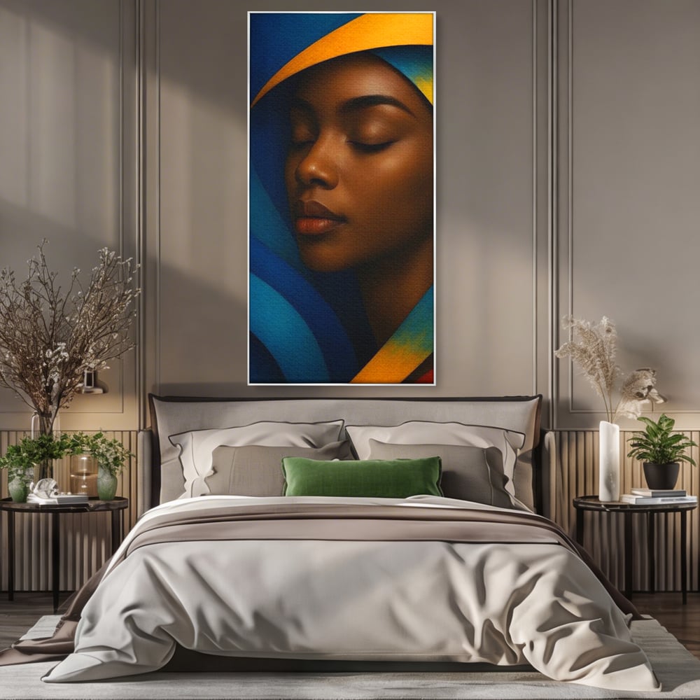 Leinwand Wandkunst Canvas Premium, LuxCanva® G1134, Unter den Augenlidern des Mondes, Tiefe, Schlaf, Stille, Frieden, Frieden, Meditation, Gelassenheit, bildlich, Traum, Blau, Orange, Geheimnis, Büro, Wohnen