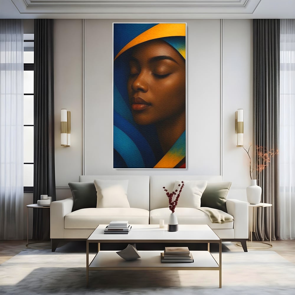 Leinwand Wandkunst Canvas Premium, LuxCanva® G1134, Unter den Augenlidern des Mondes, Tiefe, Schlaf, Stille, Frieden, Frieden, Meditation, Gelassenheit, bildlich, Traum, Blau, Orange, Geheimnis, Büro, Wohnen